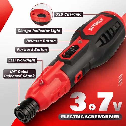 Vista 5 de DIYSELF Destornillador eléctrico, destornillador de 3.7 V con LED, incluye 25 puntas, cable de carga USB, mini destornillador eléctrico