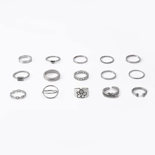 Vista 4 de Juego de 15 anillos bohemios para mujer, anillos de cristal con gemas, conjuntos de anillos de nudo para adolescentes, fiestas, joyería fesvital