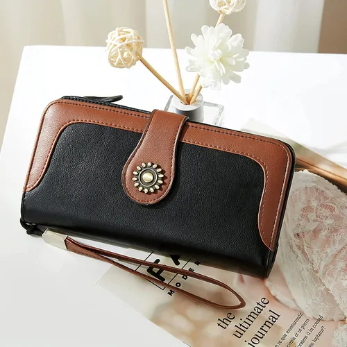 Vista 2 de Telena Billeteras de cuero para mujer con diseño de cartera de triple, para tarjetas de crédito, 4-Negro con Marrón, Vintage