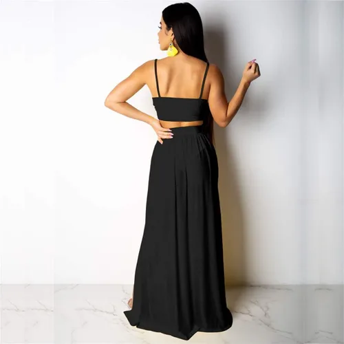Vista 2 de Nhicdns Beach Outfits for Women Sexy 2 Piece Crop Top Hight Slit Mesh Skirt Maxi Dress Sets Swimwear Cover Ups