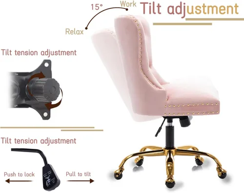 Vista 12 de Moderna silla giratoria de terciopelo, silla de escritorio de maquillaje copetuda con ruedas y base dorada, cómoda silla de escritorio tapizada