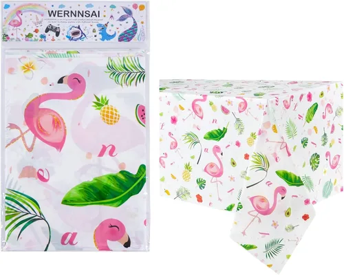 Vista 6 de WERNNSAI - Mantel de flamenco – 1 paquete de 108 x 54 pulgadas, mantel tropical Luau Decoraciones de fiesta de flamenco hawaiano rosa, mantel