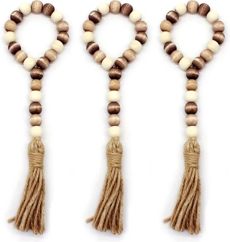 Vista 13 de CVHOMEDECO. Guirnalda de cuentas de madera con borlas, 3 piezas de cuentas rústicas de madera rústica para oración para colgar en la pared para Negro
