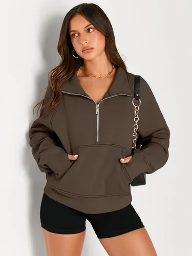 Vista 3 de AUTOMET Sudaderas con media cremallera para mujer, sudadera corta de vellón con cremallera de un cuarto, sudaderas con capucha para el otoño, a
