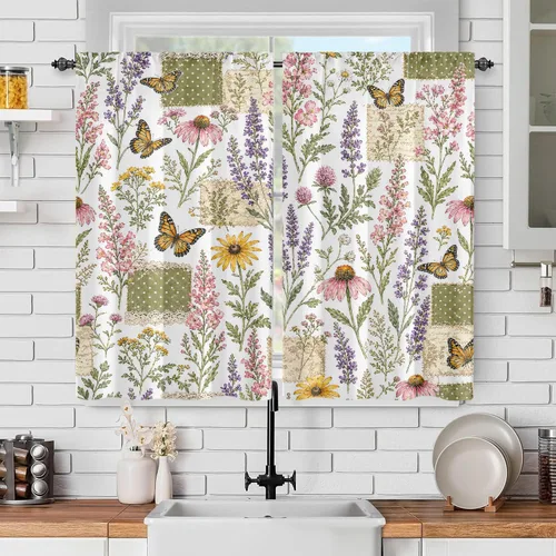 Vista 35 de Cortinas de ventana de cosecha de otoño, marco de madera rústica, cortinas florales de pacas de heno y calabaza, cenefa de cocina de Acción