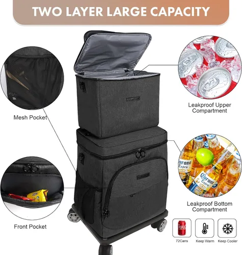 Vista 5 de Hielera suave con ruedas – Doble capa con bolsa de almuerzo plegable enfriador, grandes bolsas de hielo portátiles extraíbles a prueba de fugas