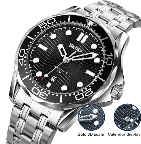 Vista 5 de SKMEI Mens Watches Fashion Big Large Face Stainless Steel Waterproof Luminous Analog Quartz Watch Day Date Luxury Business Blue Wristwatches for Men