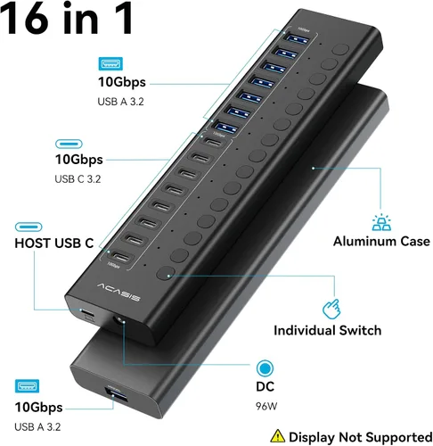 Vista 2 de Hub USB 3.2 alimentado, ACASIS 16 puertos USB 3.2 Hub (8 puertos USB-A 3.2 + 8 puertos USB-C 3.2), concentrador USB de aluminio alimentado