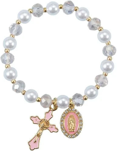 Vista 9 de Pulsera elástica de Virgen María con dije de cruz – Cristal de perlas multicolor con cuentas de joyería religiosa católica para mujer, regalo