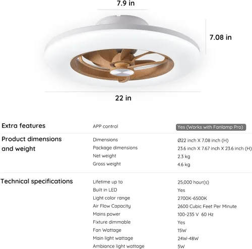 Vista 8 de Ventilador de Techo Orison con Luz - Ventilador de Techo Moderno de Montaje Empotrado Cerrado 57 cm LED Atenuable sin Aspas con Control Remoto