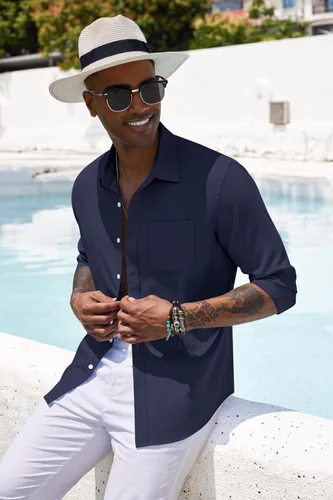 Vista 4 de COOFANDY Camisa casual con botones para hombre, camisa de cambray de lino de manga larga
