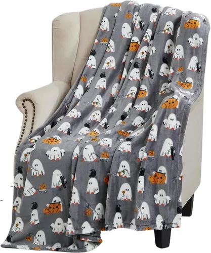 Vista 30 de Manta de forro polar de Halloween, murciélagos negros sobre fondo naranja, 50 x 70 pulgadas Ultra-soft cozy flannel fleece, for sofa couch bed