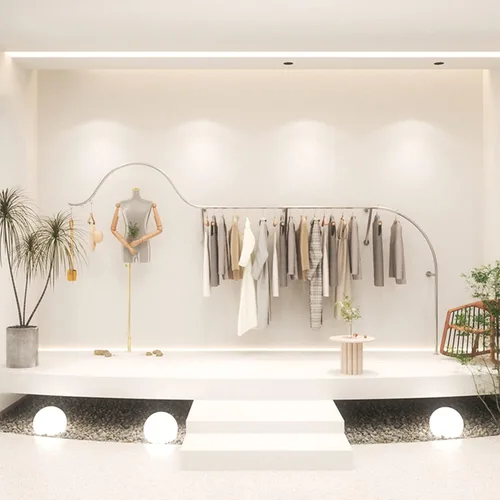 Vista 8 de Perchero Boutique Display rack, Tienda de ropa Muebles de exhibición montado en la pared Perchero colgante de ropa, Sistema de estantes de ropa