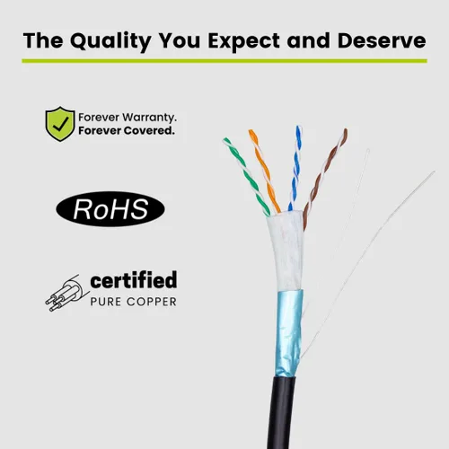 Vista 4 de TRUE CABLE Cat5e Cable Ethernet a granel de entierro directo, blindado F/UTP, 500 pies, negro, impermeable, chaqueta OSP para exteriores, cobre