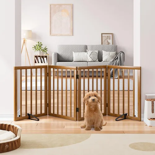 Vista 14 de Semiocthome Puertas de bambú para perros para interiores, puertas independientes de 2 paneles para cachorros para la casa con 2 soportes de metal