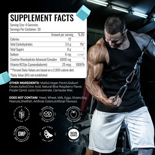 Vista 2 de Gomitas de monohidrato de creatina, 0.23 onzas, 120 unidades de constructor muscular para hombres y mujeres, suplemento de preentrenamiento