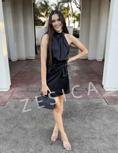 Vista 6 de ZESICA Women's 2023 Fashion Satin Sleeveless Halter Neck Tie Waist Wrap Bodycon Cocktail Party Mini Dress