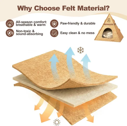 Vista 7 de Cueva para gatos, diseño piramidal de fieltro para gatos de interior Scratch-Resistant & Foldable Cat House, Calming Sleeping Hideaway, Pharaoh
