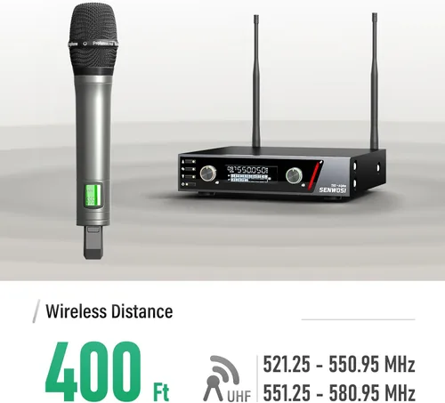 Vista 2 de Sistema de micrófono inalámbrico UHF de doble canal con escaneo automático y sincronización IR - 200 canales, rango de 400 pies, micrófonos