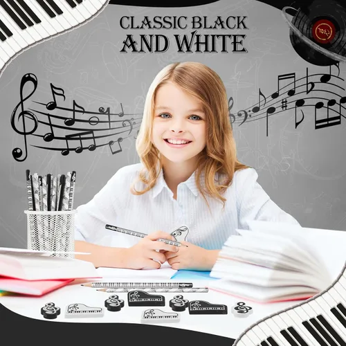 Vista 6 de 24 piezas Lápices de música con notas musicales y borradores Teclado de piano de madera Borradores para recitales de piano Regalos musicales A favor