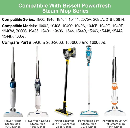 Vista 2 de Paquete de 6 almohadillas de trapeador de vapor 1940 1806 2685A para trapeador de vapor Bissell Powerfresh Deluxe Pet Lift-Off Plus Slim Scrubbing