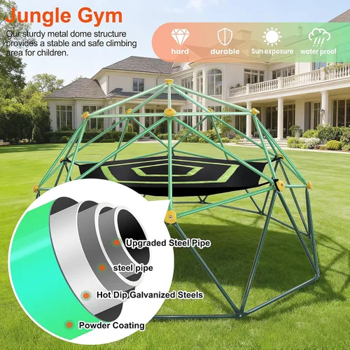 Vista 4 de Domo de Escalada Jungle Gym para Niños de 10 Pies, con Hamaca, Conjunto de Juegos Resistente de Servicio Pesado para Exteriores Todo Clima