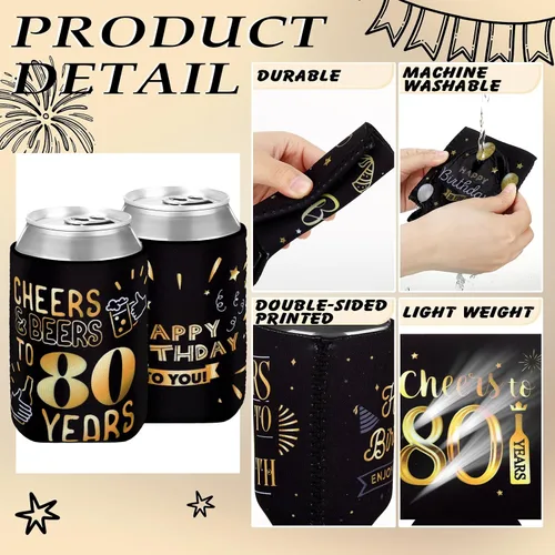 Vista 3 de Umigy 24 fundas de neopreno para latas de cumpleaños de 80 a 80 años, decoraciones de cumpleaños, regalos de fiesta, regalo para hombres y mujeres