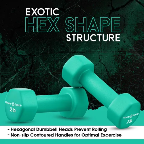 Vista 4 de Fitness Republic Juego de 2 mancuernas de neopreno, antideslizantes, forma hexagonal, pesas libres para tonificación muscular y fortalecimiento