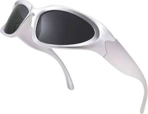Vista 3 de FEISEDY Gafas de sol futuristas envolventes ovaladas y frescas Y2K con marco grueso, vintage de los años 90 para hombres y mujeres, B2951