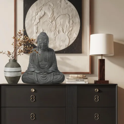Vista 4 de LuxenHome - Estatua de Buda para exteriores e interiores, estatuas de jardín de Buda meditadoras de piedra de fibra de 17 pulgadas, esculturas zen