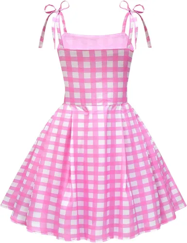 Vista 2 de Vestido a cuadros rosa para niñas, disfraces de cosplay con accesorios de 4 a 14 años
