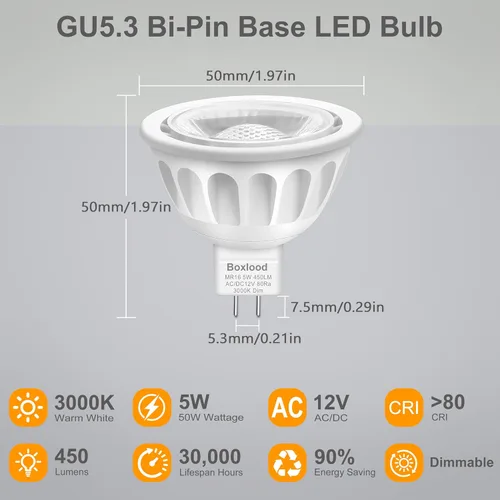 Vista 5 de Boxlood Bombilla LED MR16 regulable que cumple con UL, 90% de ahorro de energía, 3000 K blanco cálido, ángulo de haz de 40 grados, CA/CC 12 V, 5
