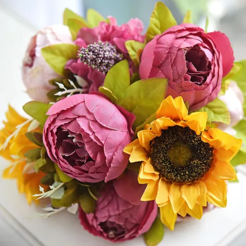 Vista 5 de FiveSeasonStuff ''Country Cottage'' - Ramo de flores artificiales de peonías y girasoles rosa seda