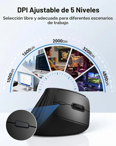 Vista 3 de TECKNET Ratón ergonómico inalámbrico Bluetooth, silencioso recargable vertical (BT 5.0/5.0+2.4G), 5 niveles 4800 DPI, batería de larga duración