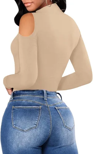 Vista 3 de MANGOPOP Trajes de cuerpo de manga larga para mujer, body de cuello alto para salir con corte sexy en los hombros