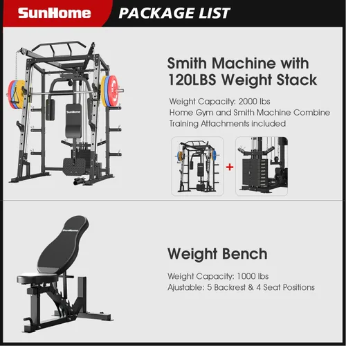 Vista 2 de SunHome Smith Machine, soporte para sentadillas Power Cage con barra Smith, sistemas de tracción LAT, máquina cruzada de cables y accesorio de cable