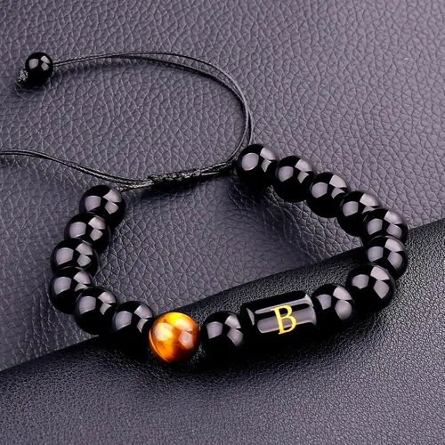 Vista 10 de SUMMER LOVE Regalos para el Día del Padre, pulsera con inicial de piedra de ónix negro de 0.394 pulgadas para hombres, pulsera de cuerda trenzada