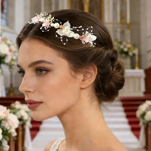 Vista 3 de Tocado de flores de perlas de boda con ramillete de muñeca a juego para mujer, accesorios para fiesta de cumpleaños (estilo rosa)