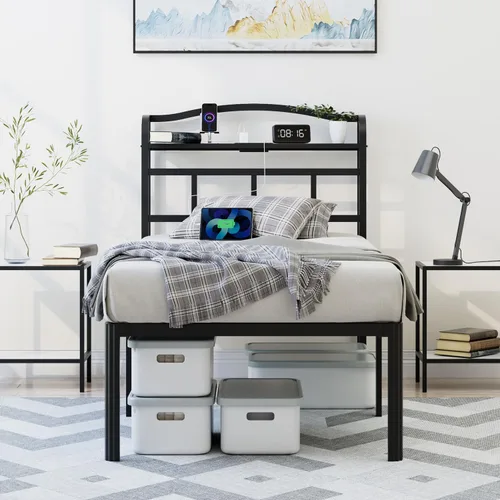 Vista 4 de YORMDMO Base de cama individual – Base de cama de metal resistente con estación de carga de cabecero de almacenamiento, fácil montaje, no necesita