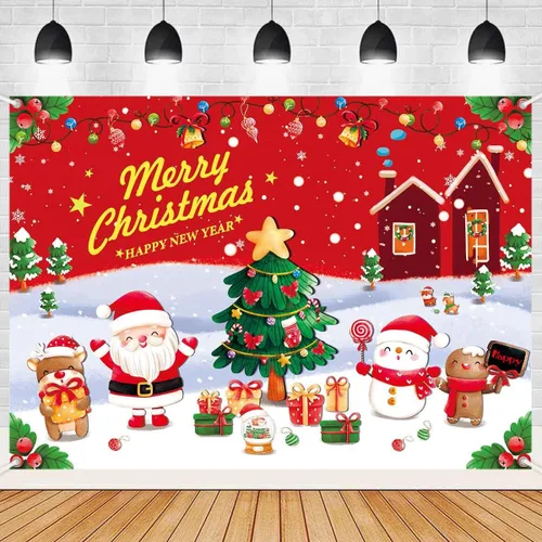Vista 10 de Banner Telón de Fondo Feliz Navidad Suministros de Decoraciones de Fiesta Navideña de Santa Nieve Invernal Árbol de Navidad Fiesta Navideña Fondo
