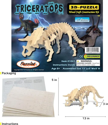 Vista 2 de Puzzled Rompecabezas 3D Triceratops de madera de dinosaurio, kit de modelo de construcción divertido y educativo, juguete de madera para armar