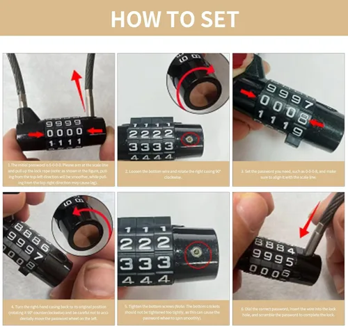 Vista 4 de Cerraduras de cable de 4 dígitos con combinación, bloqueo de cable de acero con código reajustable para muebles de patio, recortadoras de malezas