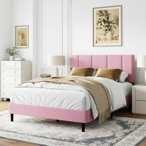 Vista 9 de IOILORI Base de cama tamaño matrimonial con cabecera tapizada de terciopelo, listones de madera resistentes, sin caja de resortes, sin ruido, fácil