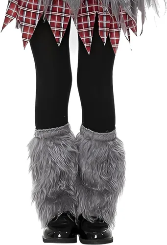 Vista 2 de JIAHG Disfraz de hombre lobo de piel sintética para Halloween, gorro, guantes, cubrezapatos, chal para niños y niñas, accesorios de fiesta