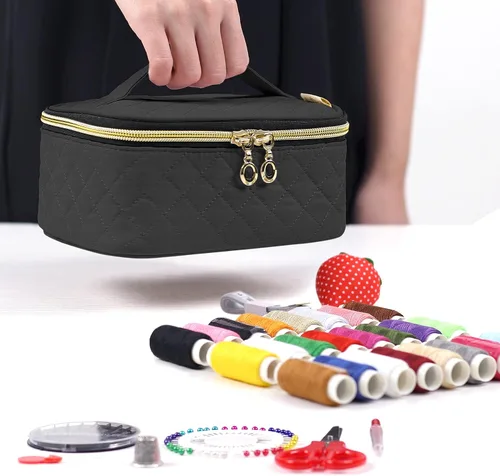 Vista 5 de LoDrid Kit de costura, bolsa de franela portátil con suministros completos de costura para viajes y hogar, kit de reparación de costura herramientas
