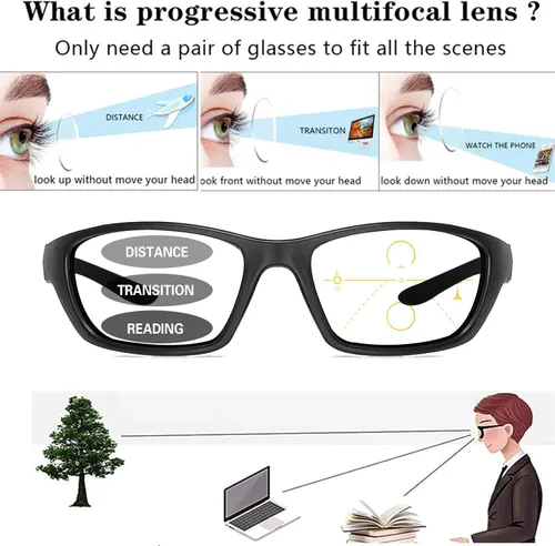 Vista 4 de Gafas de lectura multifocales fotocromáticas progresivas de transición para hombres y mujeres, gafas de sol deportivas para lectores Negro