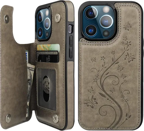 Vista 9 de Vaburs Funda compatible con iPhone 14 Pro con tarjetero y diseño de mariposa en relieve, de piel sintética, doble botón, funda protectora a prueba