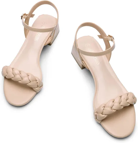 Vista 8 de DREAM PAIRS Zapatos de tacón bajo para mujer con correa de tobillo y puntera abierta trenzada, tacón grueso, sandalias de tacón grueso para fiestas