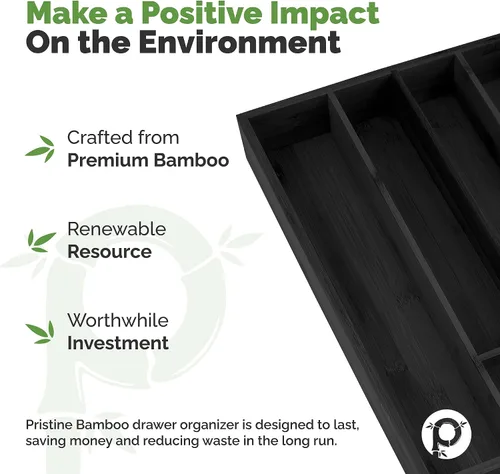 Vista 7 de Pristine Bamboo bandeja organizadora de cubiertos – Utensilios de mesa, cubiertos, soporte de cubiertos para cajón – Organizador de cajón de madera