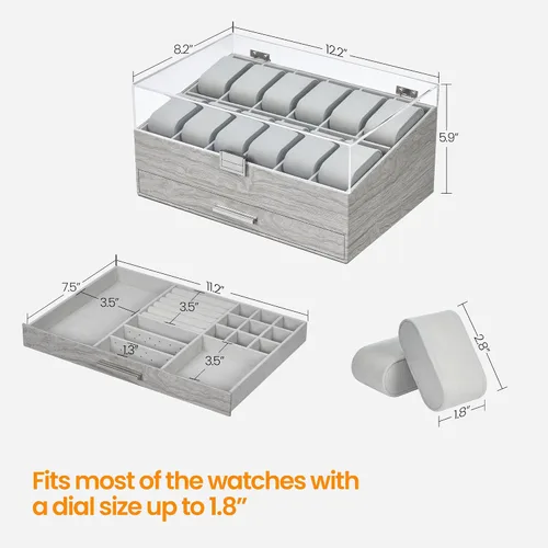 Vista 7 de Hzuaneri Caja de reloj, regalos de Navidad, caja de reloj de 12 ranuras con tapa acrílica grande, almohadas de reloj extraíbles, organizador de caja